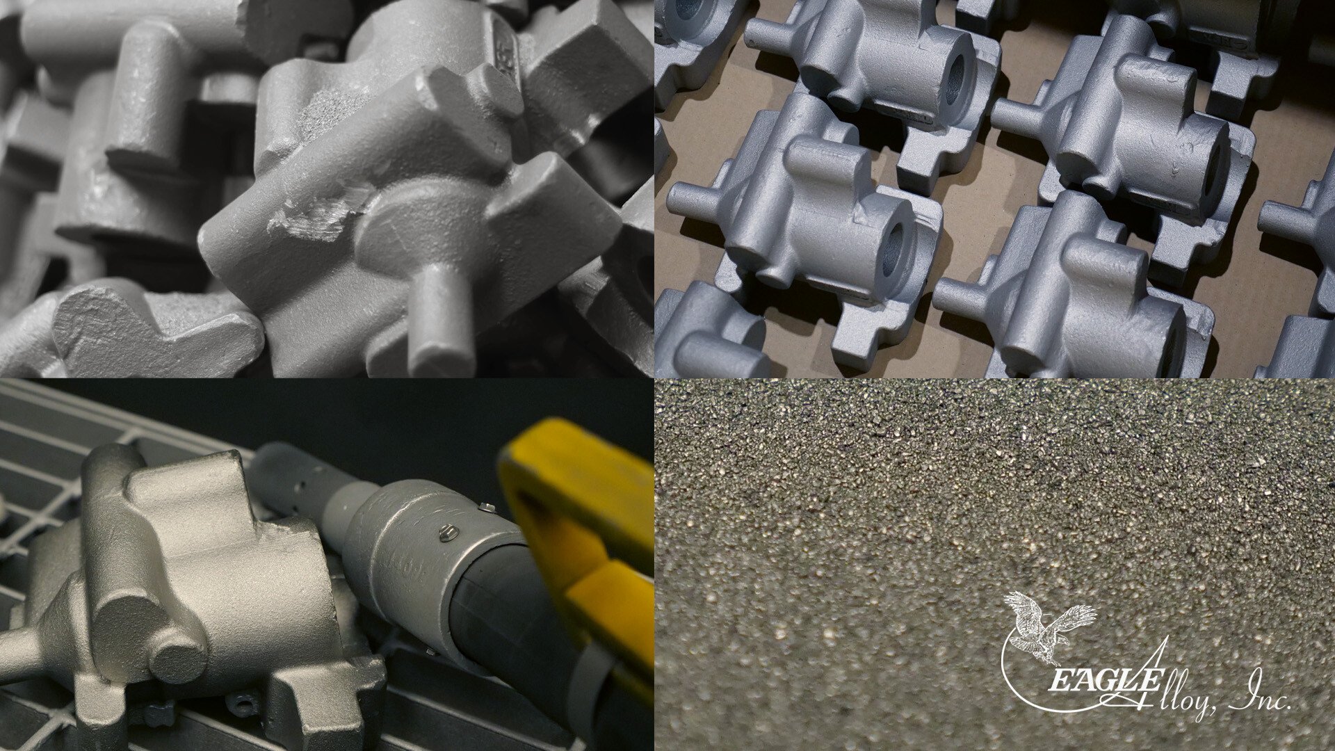 Blasting at the Eagle Group. Clockwise from top left: unblasted parts, blasted parts, stainless steel blast media, and blasting gun on table