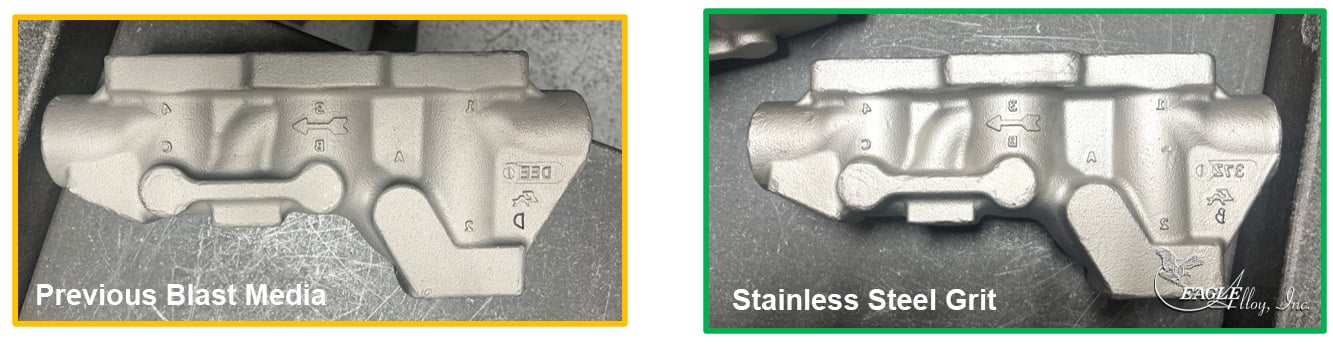 Two parts side-by-side illustrating surface finish differences between previous blast media and stainless steel media