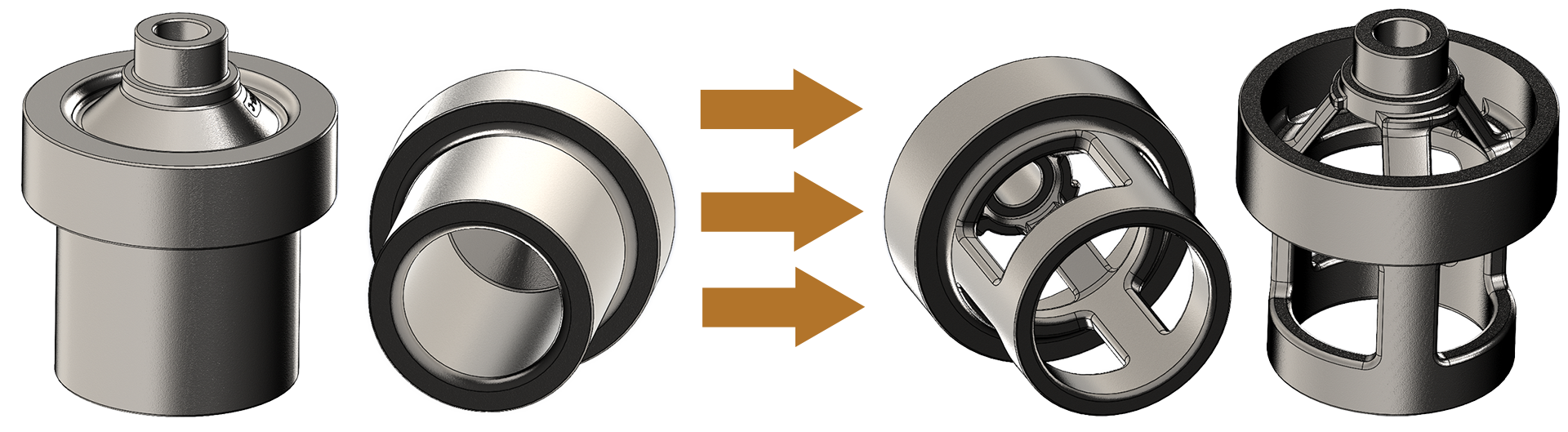 Hayes part, before and after: cast part design without weight reduction compared to cast part with weight reduction design 