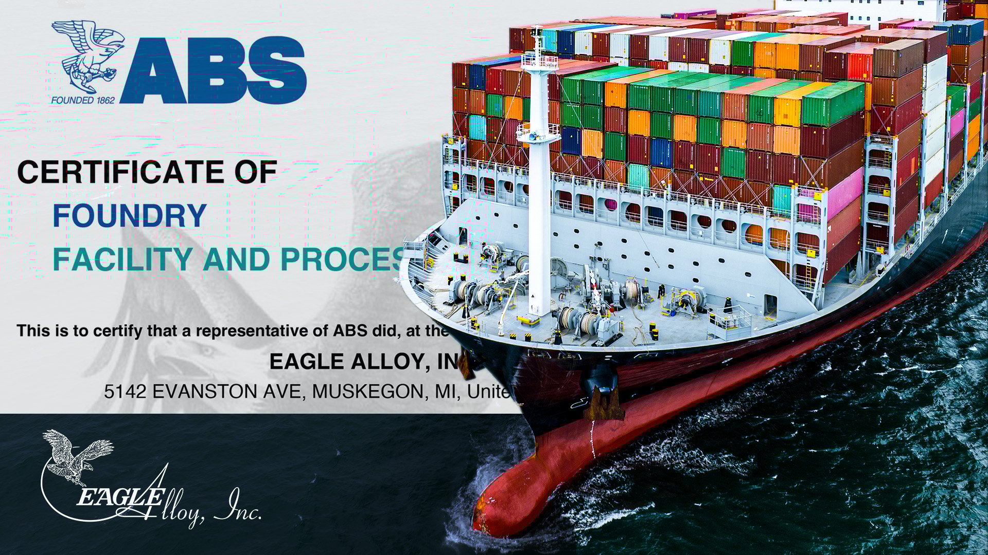 Cargo ship with overlay of Eagle Alloy's ABS certification