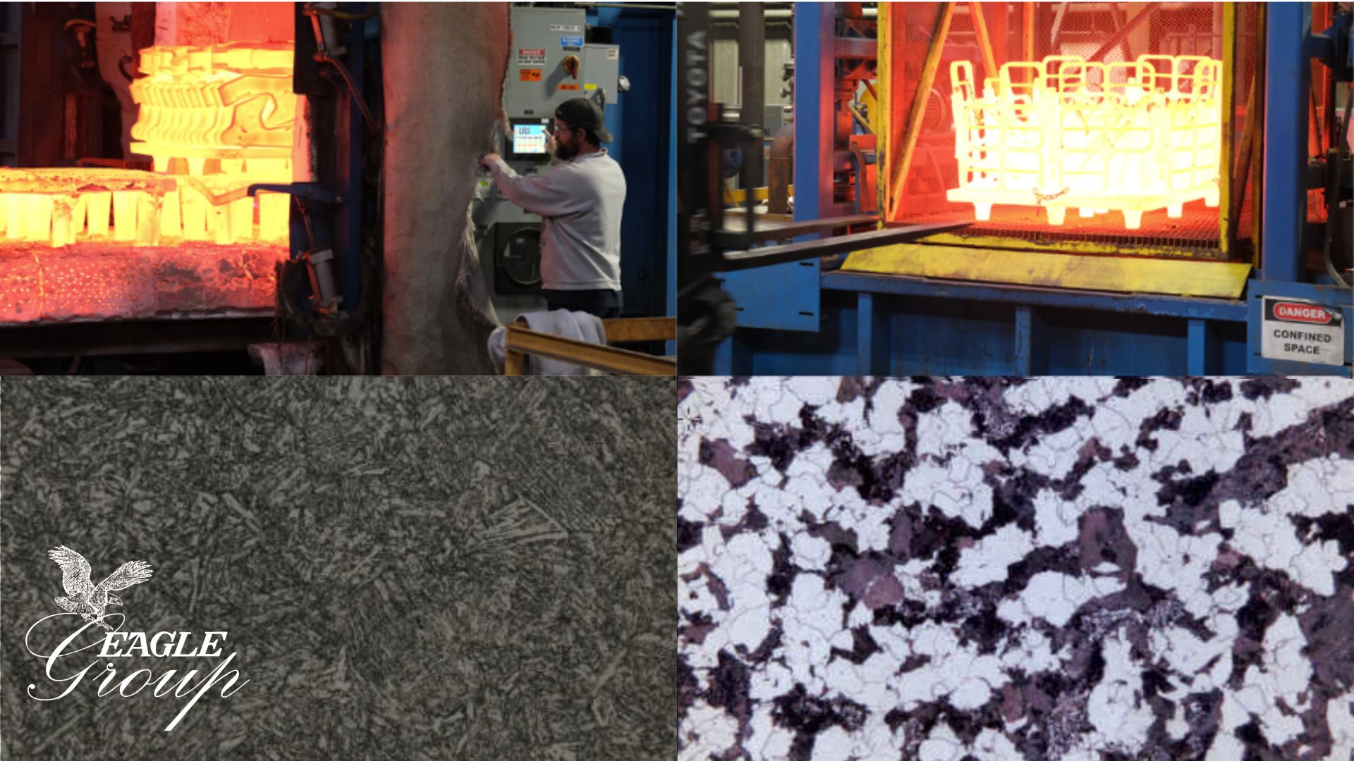 Picture of quench tank in foundry; picture of hot metal coming out of a furnace; pictures of two different steel microstructures