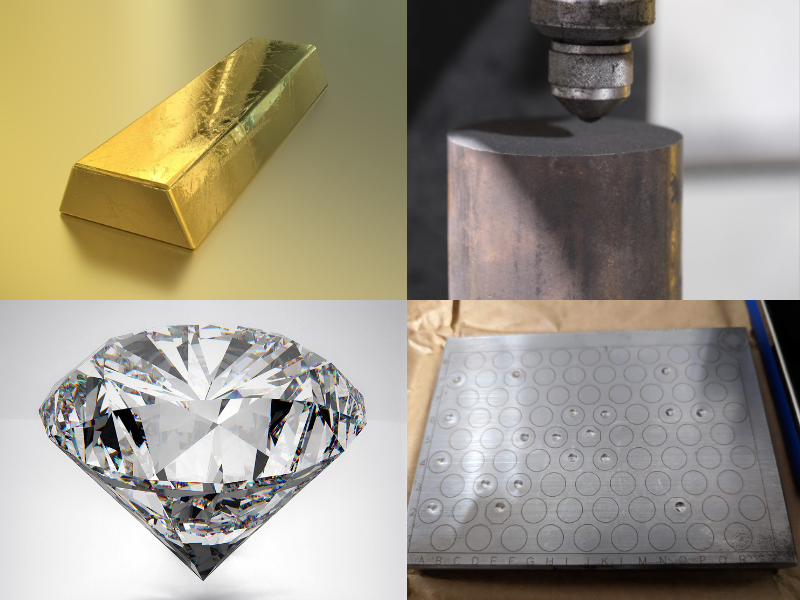 Collage with four photos: gold bar, Brinell hardness test machine, a diamond, and a hardness testing plate